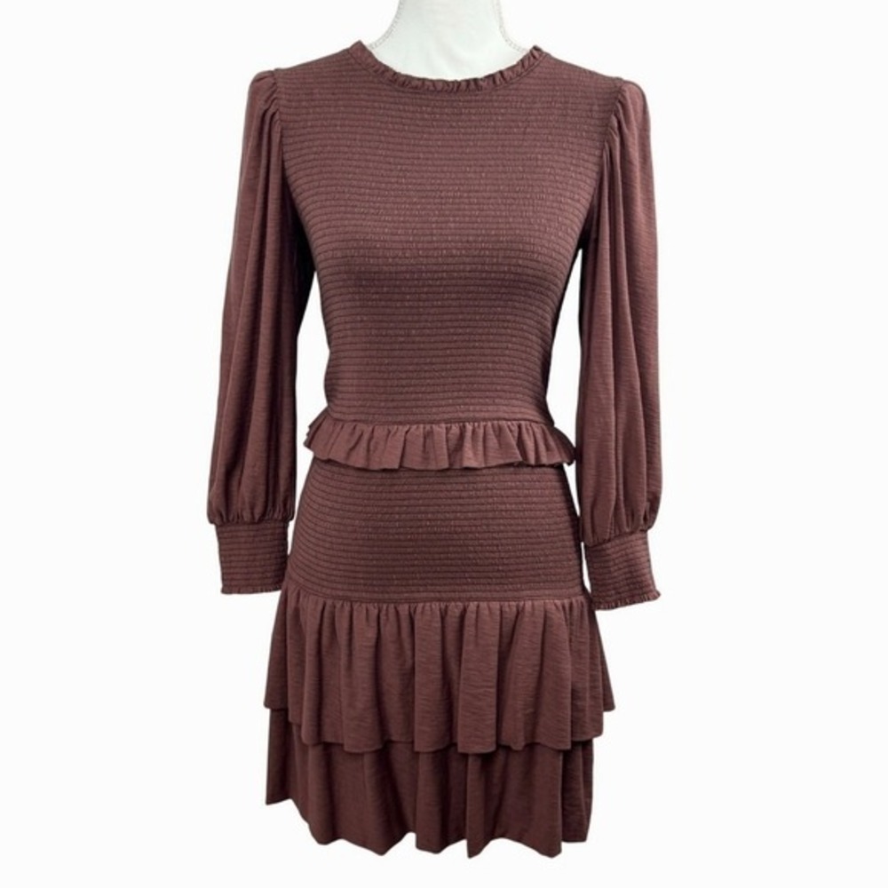 Nation LTD Abby Smocked Mini Dress Small Mauve Ruffle Long Sleeve Boho Romantic - Picture 4 of 13